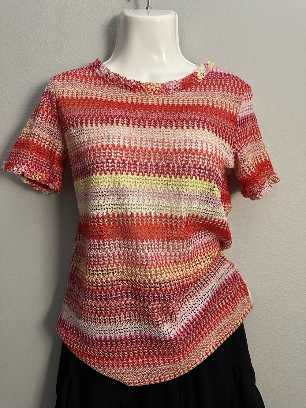Zara Multicolor Crochet Stripe Tee - Red, Pink & Yellow Accents